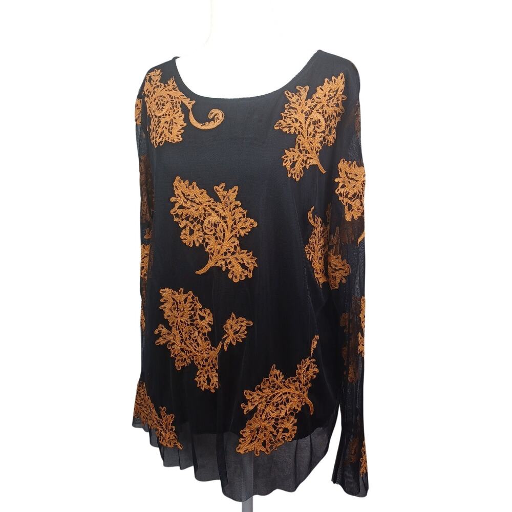 Sundance Womens Embroidered Beaded Blouse Size L Black Gold Mesh Boho Whimsigoth
